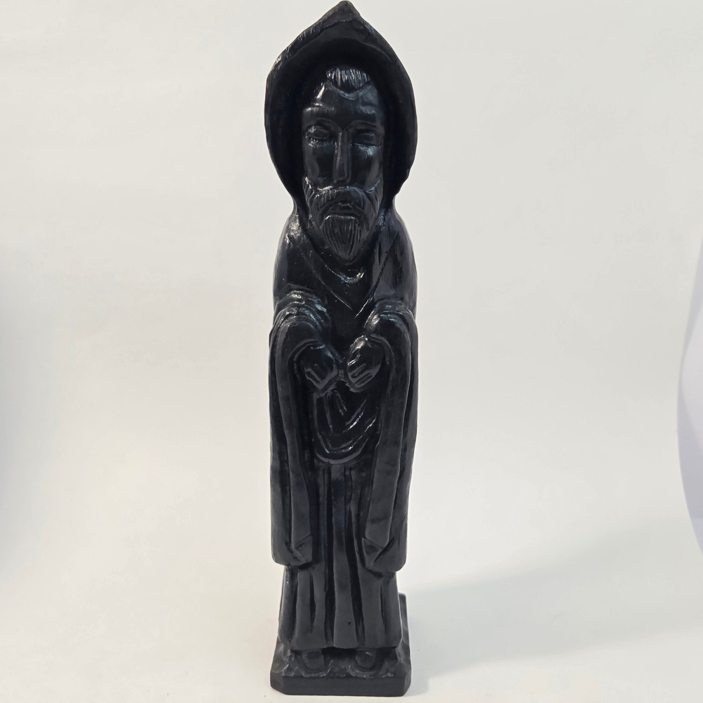 Hand Carved Wood Monk Statue Hooded Figure Black Folk Art Sculpture Religious 14